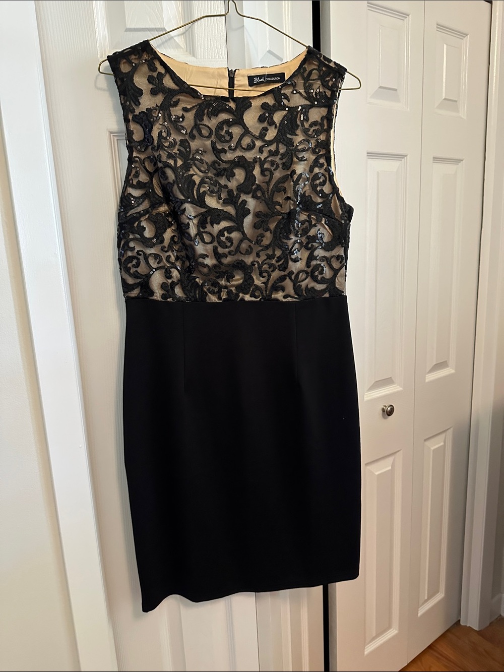 Suzy Shier Black Lace Midi Dress with Nude Underlay